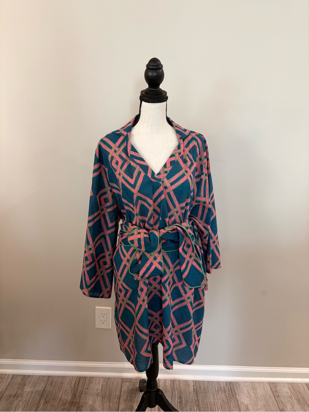 Teal and Pink Geometric Wrap Dress with Tie Belt